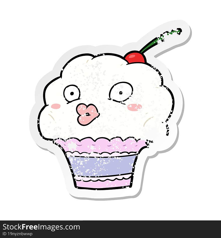 Distressed Sticker Of A Cartoon Cupcake