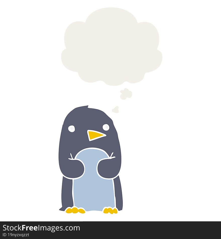 cartoon penguin and thought bubble in retro style