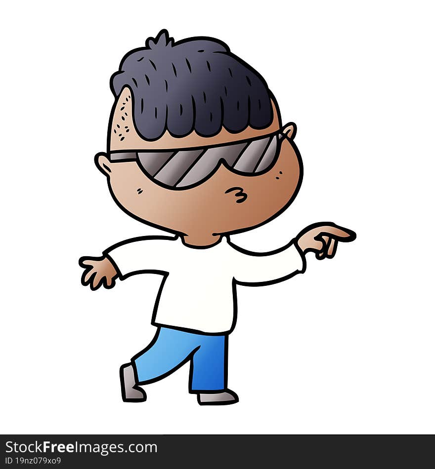 cartoon boy wearing sunglasses pointing. cartoon boy wearing sunglasses pointing