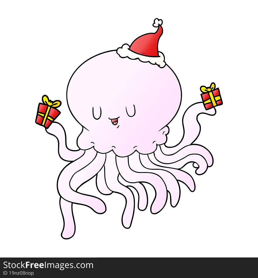 gradient cartoon of a jellyfish in love wearing santa hat