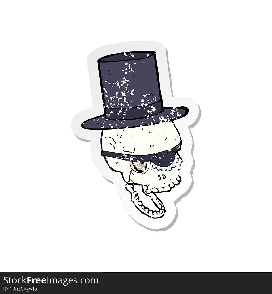 Retro Distressed Sticker Of A Cartoon Skull In Top Hat