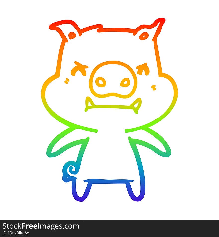 rainbow gradient line drawing of a angry cartoon pig