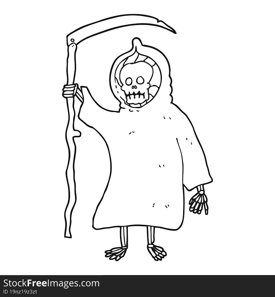 freehand drawn black and white cartoon spooky death figure