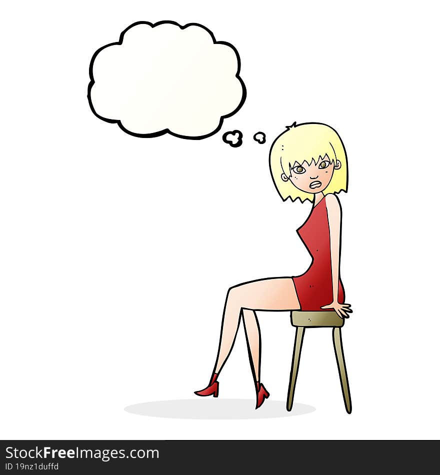 Cartoon Woman Sitting On Stool With Thought Bubble