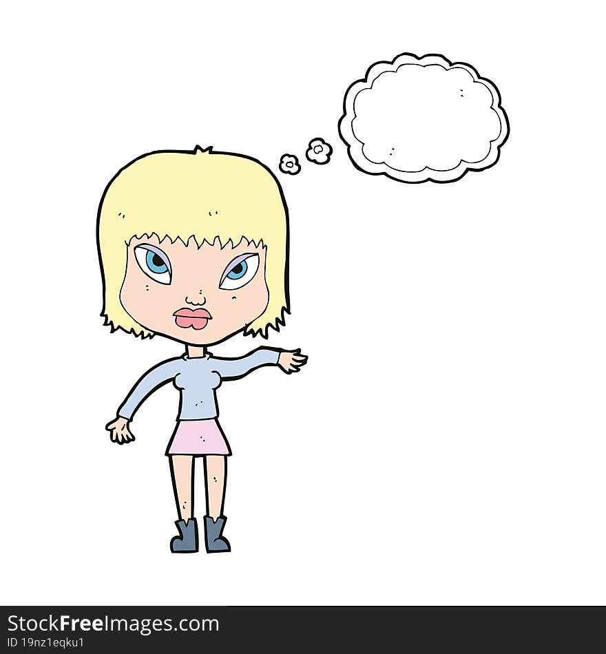 cartoon woman making gesture with thought bubble