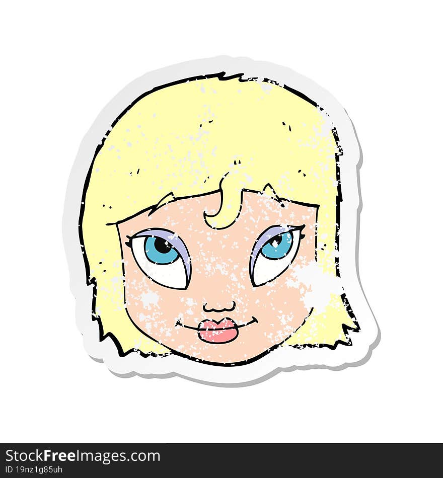 retro distressed sticker of a cartoon woman smiling