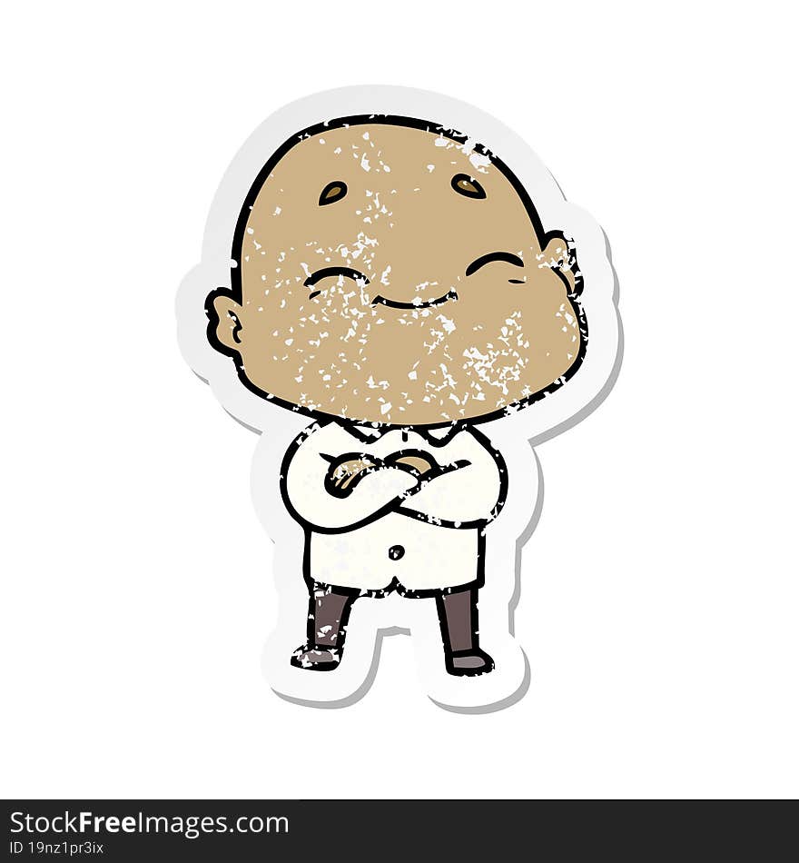 Distressed Sticker Of A Cartoon Happy Bald Man