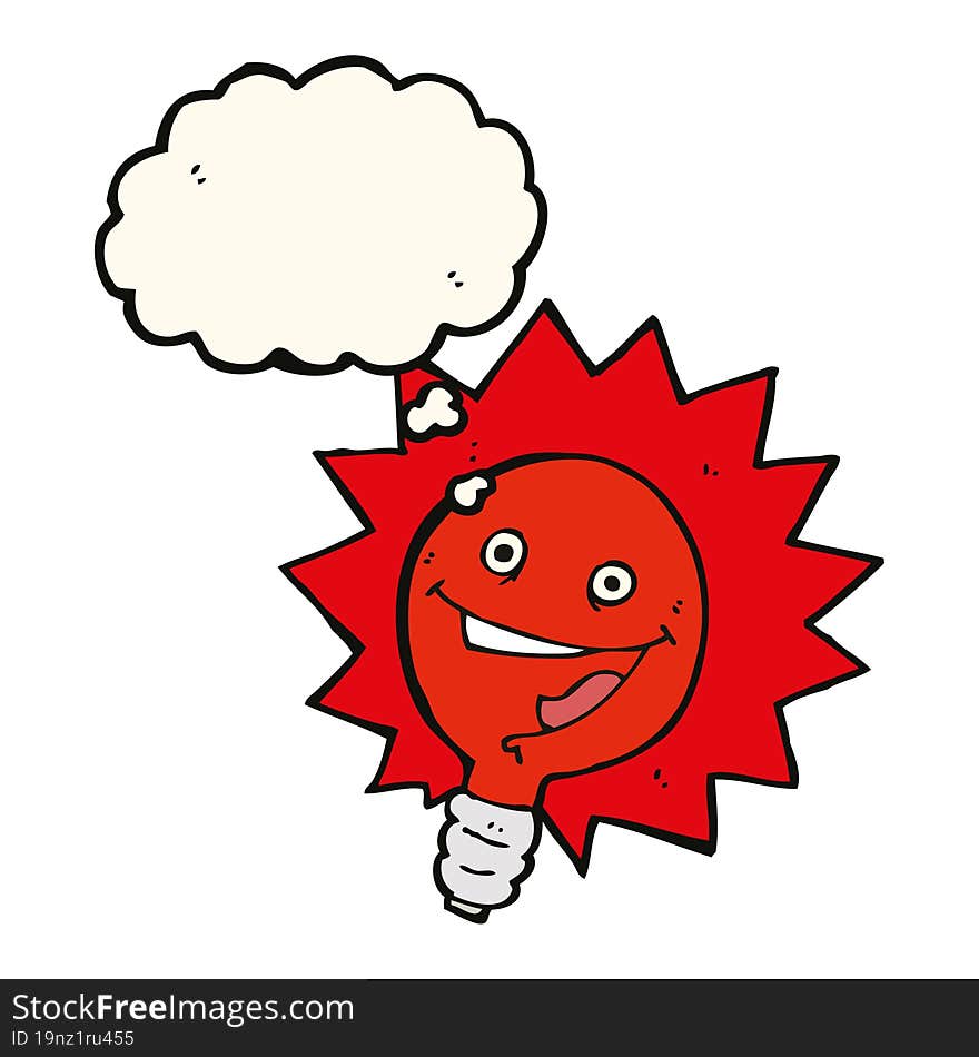 Happy Flashing Red Light Bulb Cartoon  With Thought Bubble