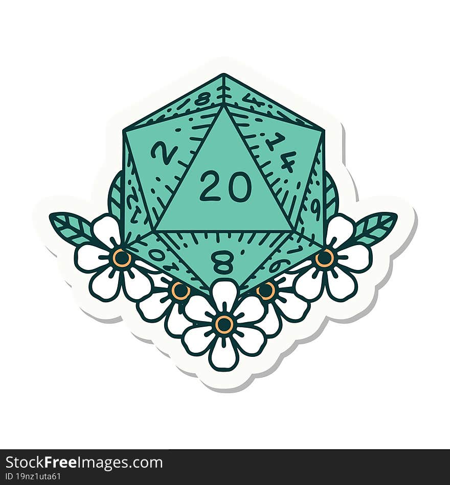 sticker of a natural 20 D20 dice roll with floral elements. sticker of a natural 20 D20 dice roll with floral elements