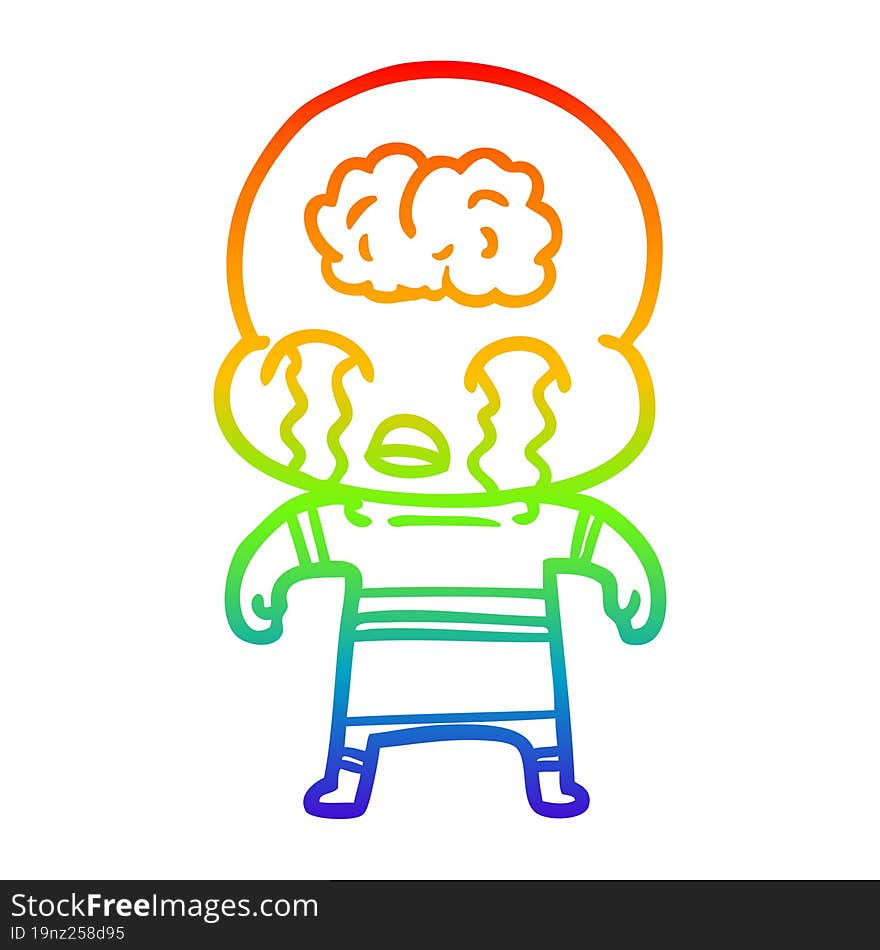 rainbow gradient line drawing of a cartoon big brain alien crying