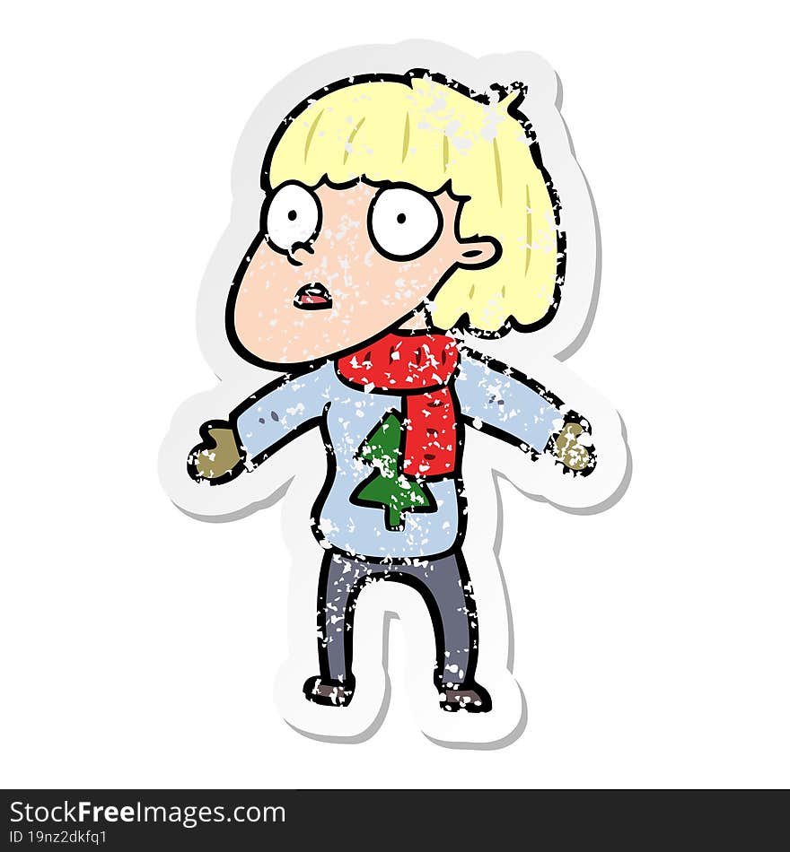 distressed sticker of a cartoon surprised christmas person