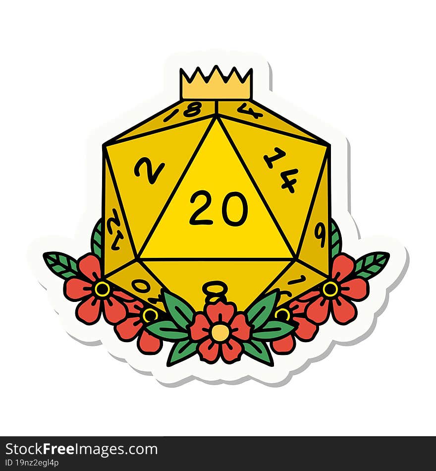 natural 20 D20 dice roll with floral elements sticker