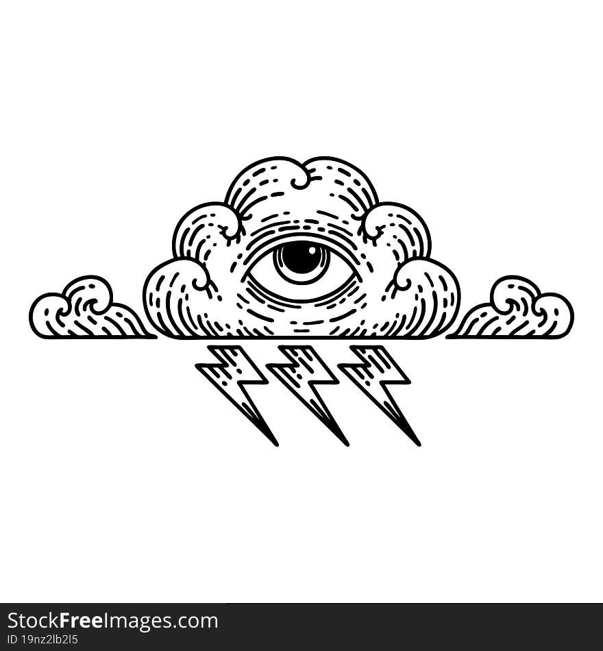 tattoo in black line style of an all seeing eye cloud. tattoo in black line style of an all seeing eye cloud