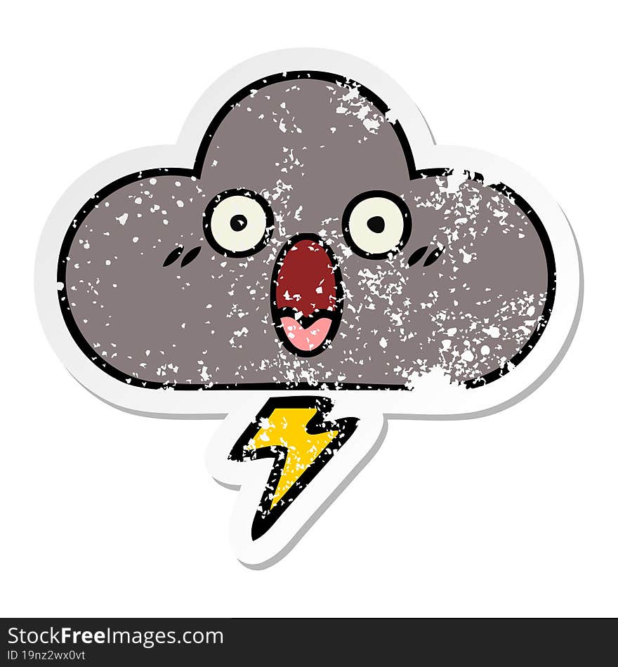 distressed sticker of a cute cartoon storm cloud