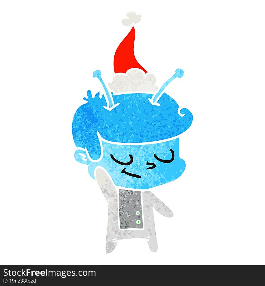 friendly retro cartoon of a spaceman wearing santa hat