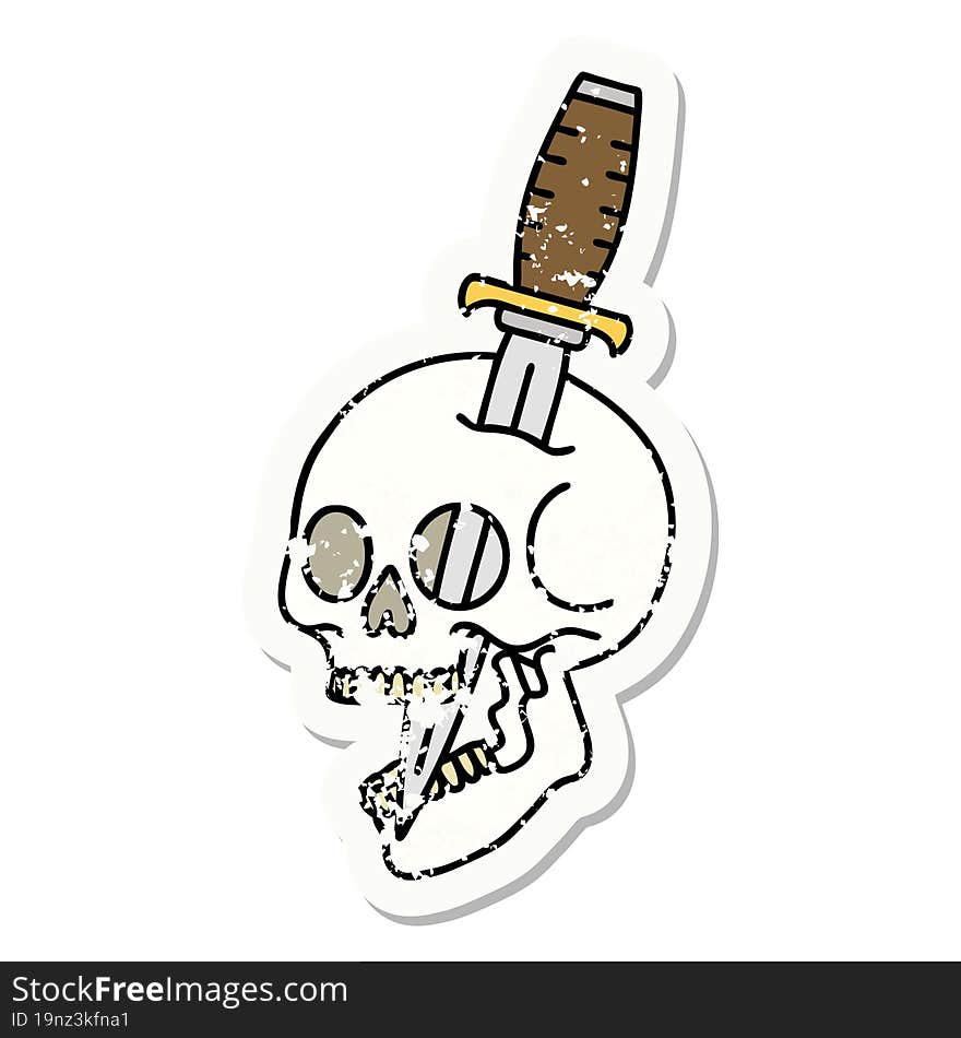 traditional distressed sticker tattoo of a skull and dagger