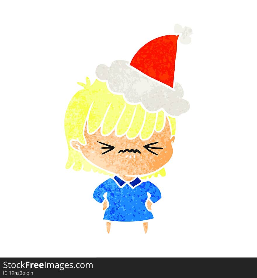 annoyed retro cartoon of a girl wearing santa hat