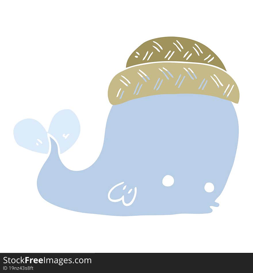 flat color style cartoon whale wearing hat