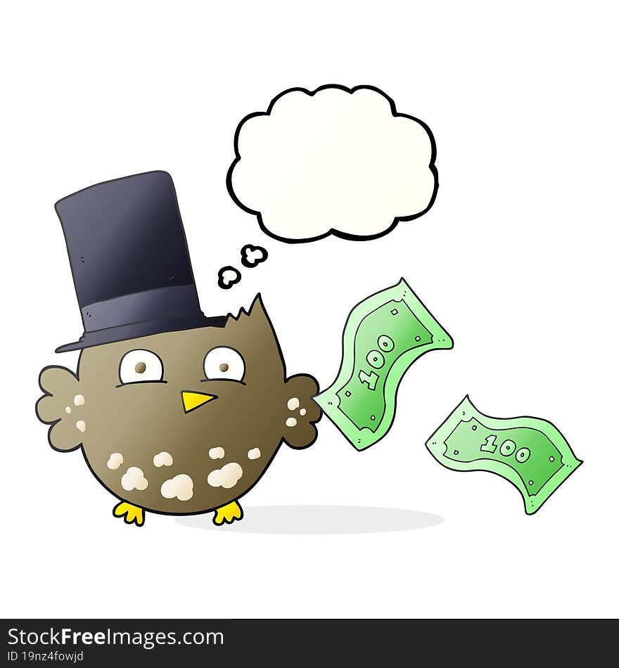 freehand drawn thought bubble cartoon wealthy little owl with top hat