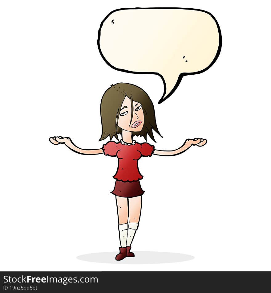 cartoon woman shrugging shoulders with speech bubble