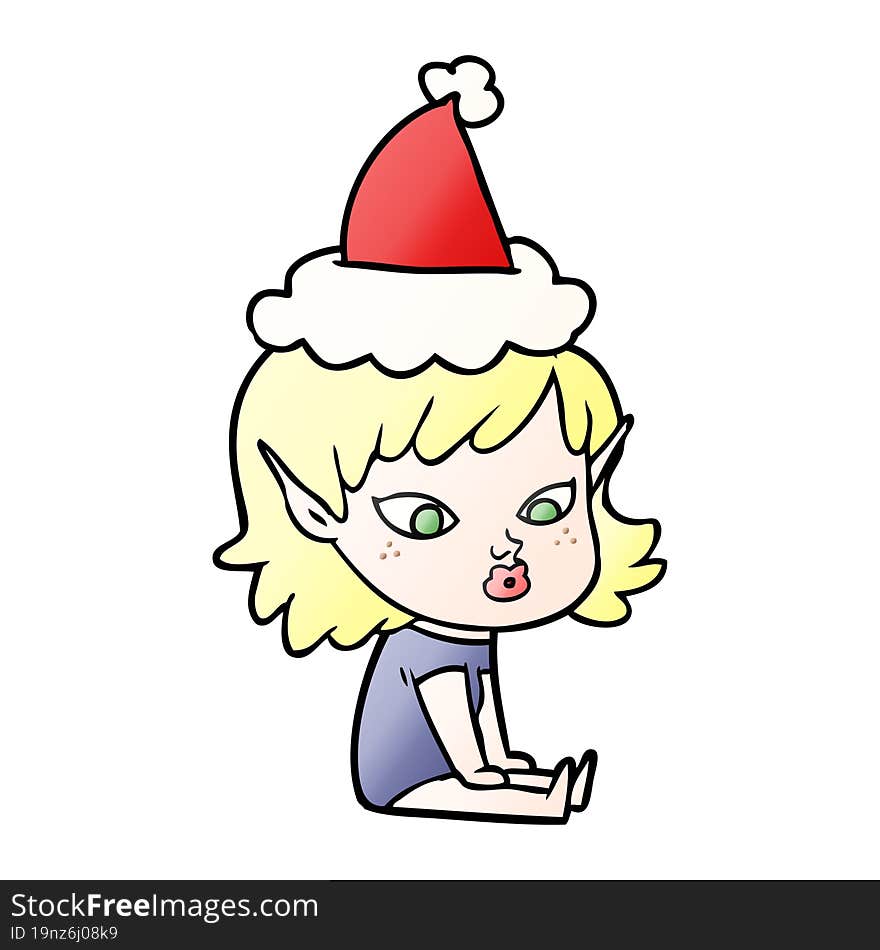 pretty hand drawn gradient cartoon of a elf girl wearing santa hat. pretty hand drawn gradient cartoon of a elf girl wearing santa hat