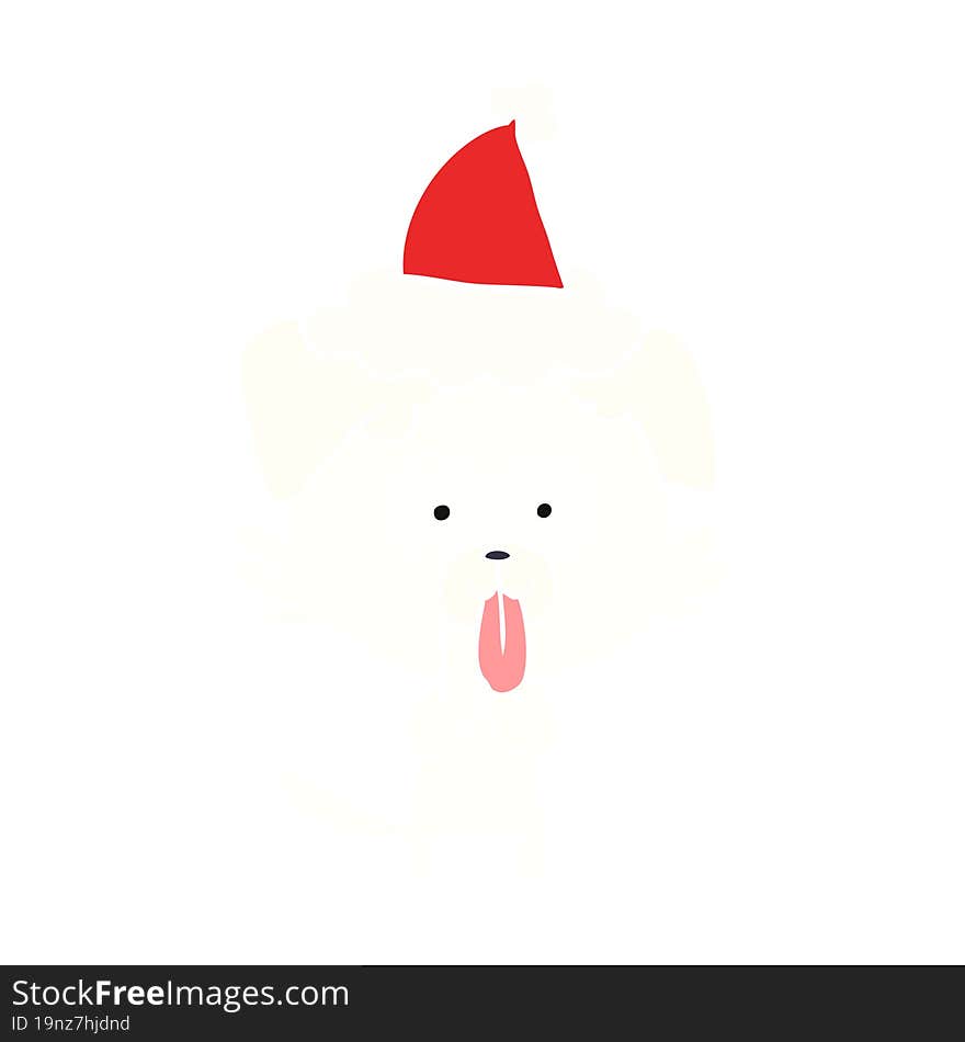 flat color illustration of a dog with tongue sticking out wearing santa hat