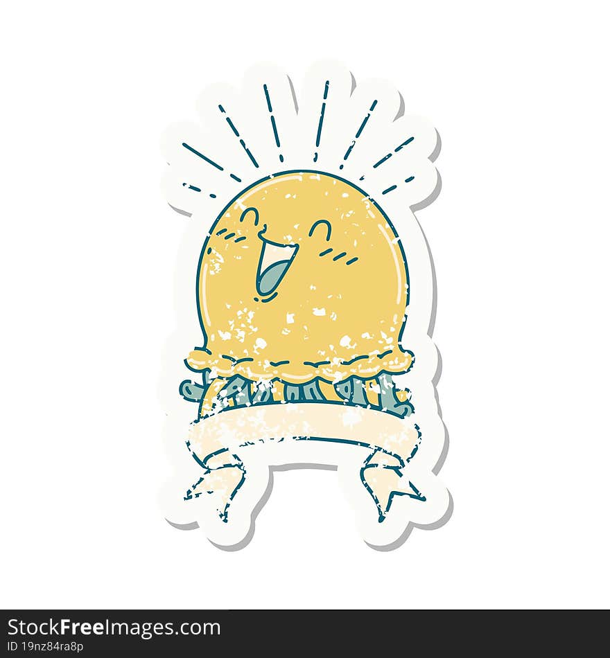 grunge sticker of tattoo style happy jellyfish