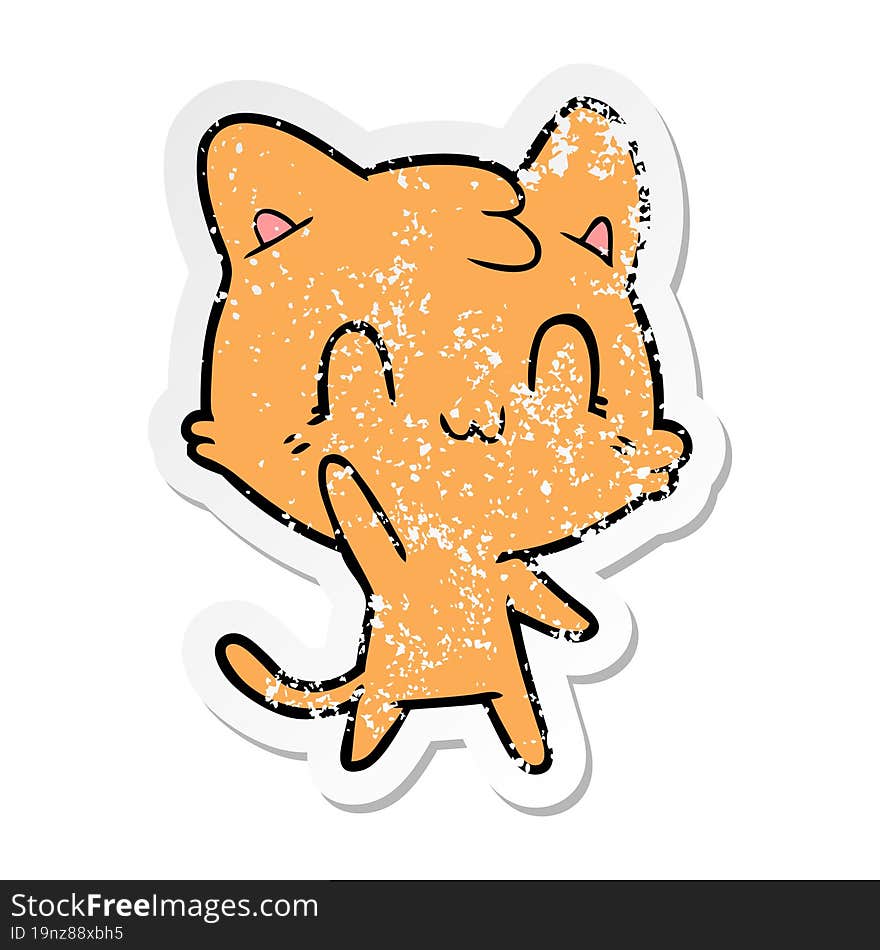 distressed sticker of a cartoon happy cat