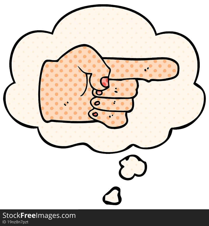 cartoon pointing hand with thought bubble in comic book style