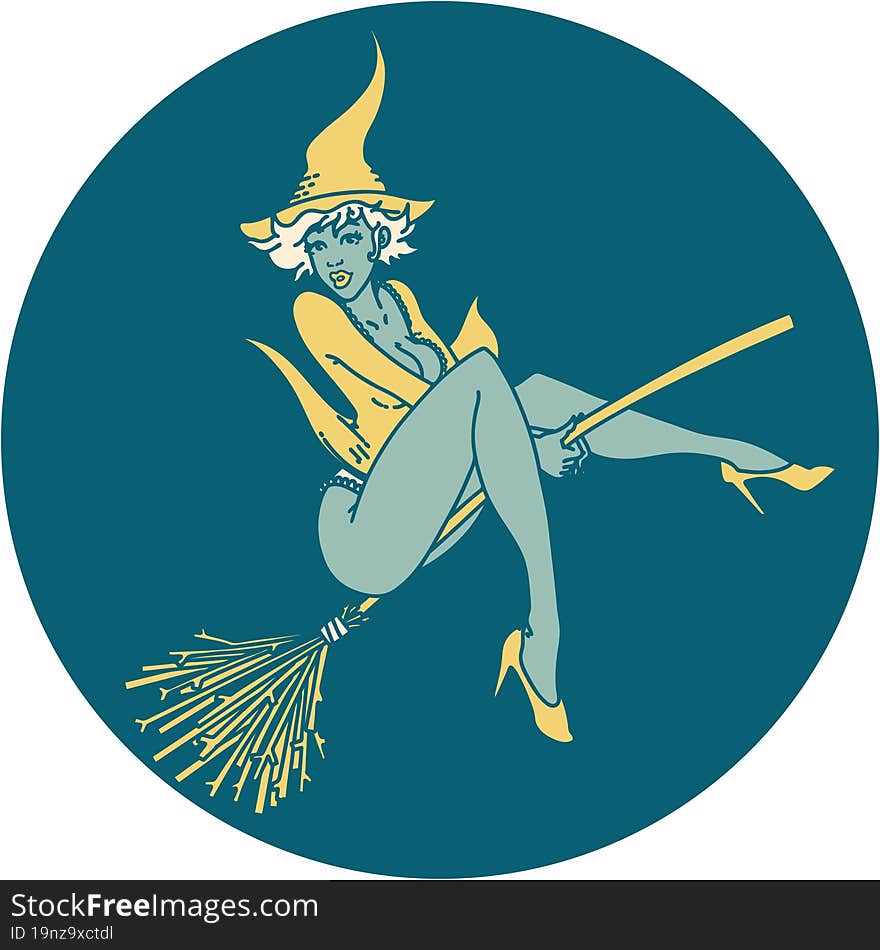 tattoo in traditional style of a pinup witch. tattoo in traditional style of a pinup witch