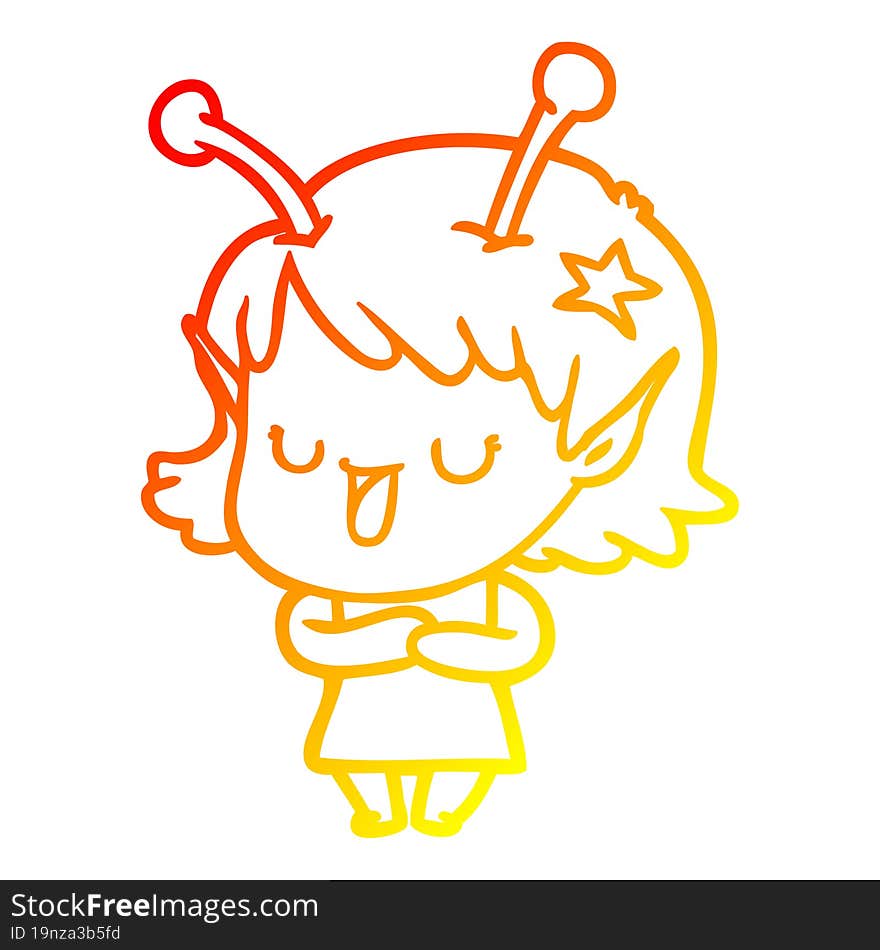 Warm Gradient Line Drawing Happy Alien Girl Cartoon