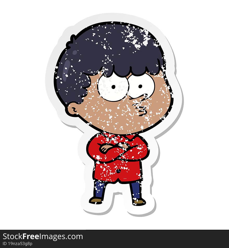 distressed sticker of a cartoon curious boy