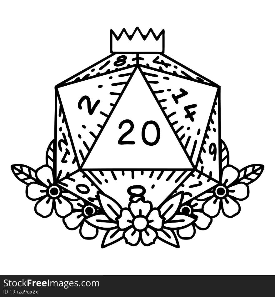 Natural 20 D20 Dice Roll With Floral Elements Illustration