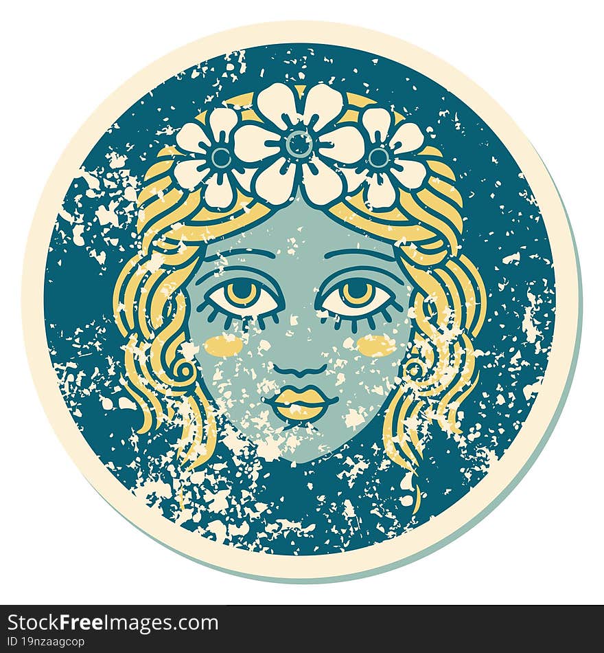 Distressed Sticker Tattoo Style Icon Of Female Face With Crown Of Flowers