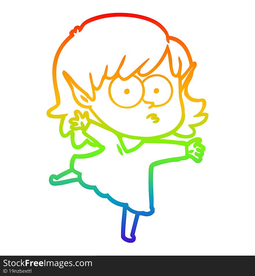 Rainbow Gradient Line Drawing Cartoon Elf Girl Staring