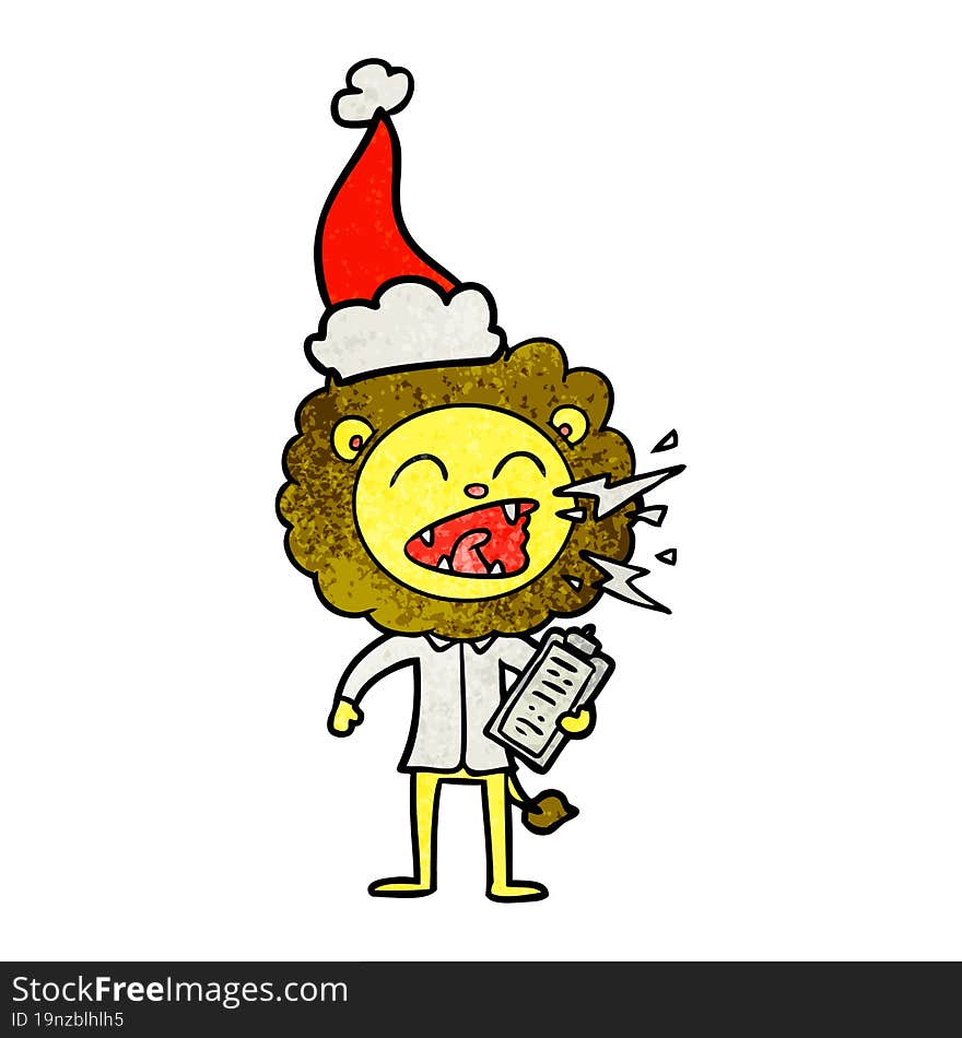 textured cartoon of a roaring lion doctor wearing santa hat