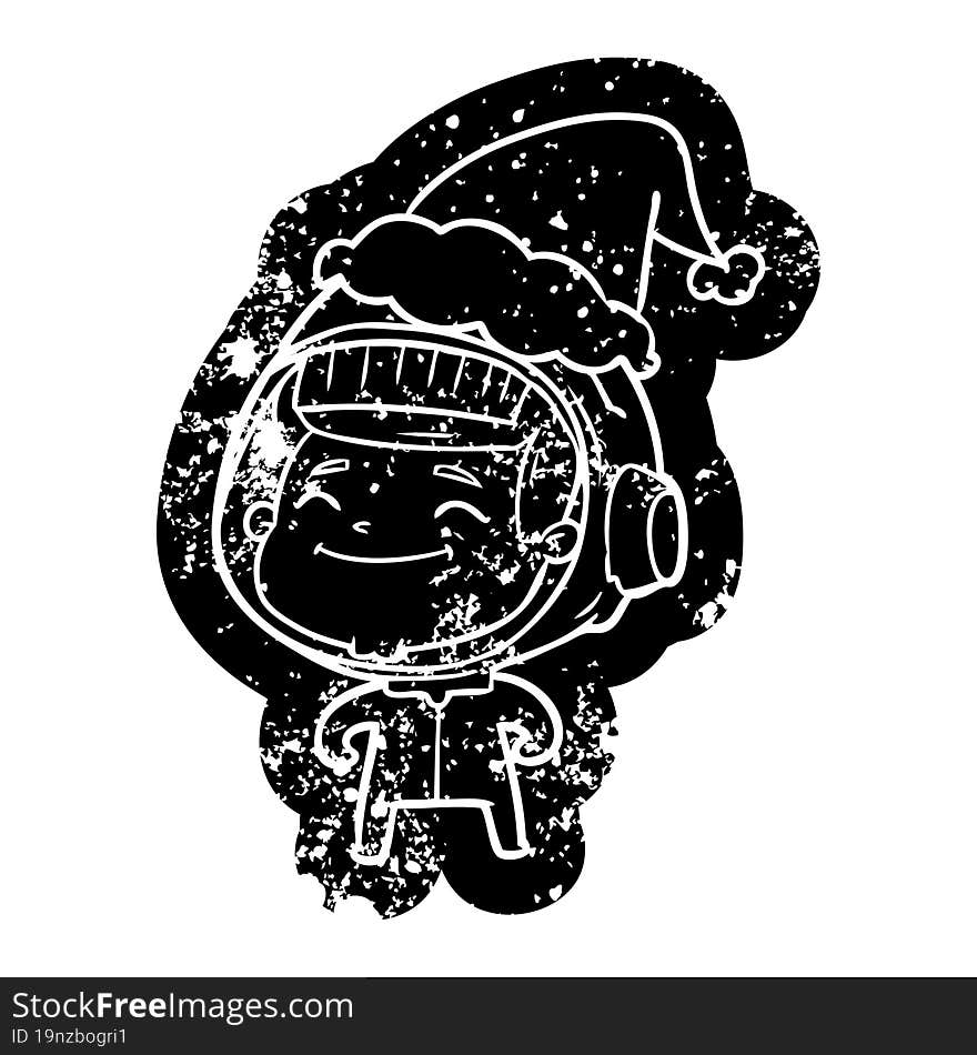 happy cartoon distressed icon of a astronaut wearing santa hat