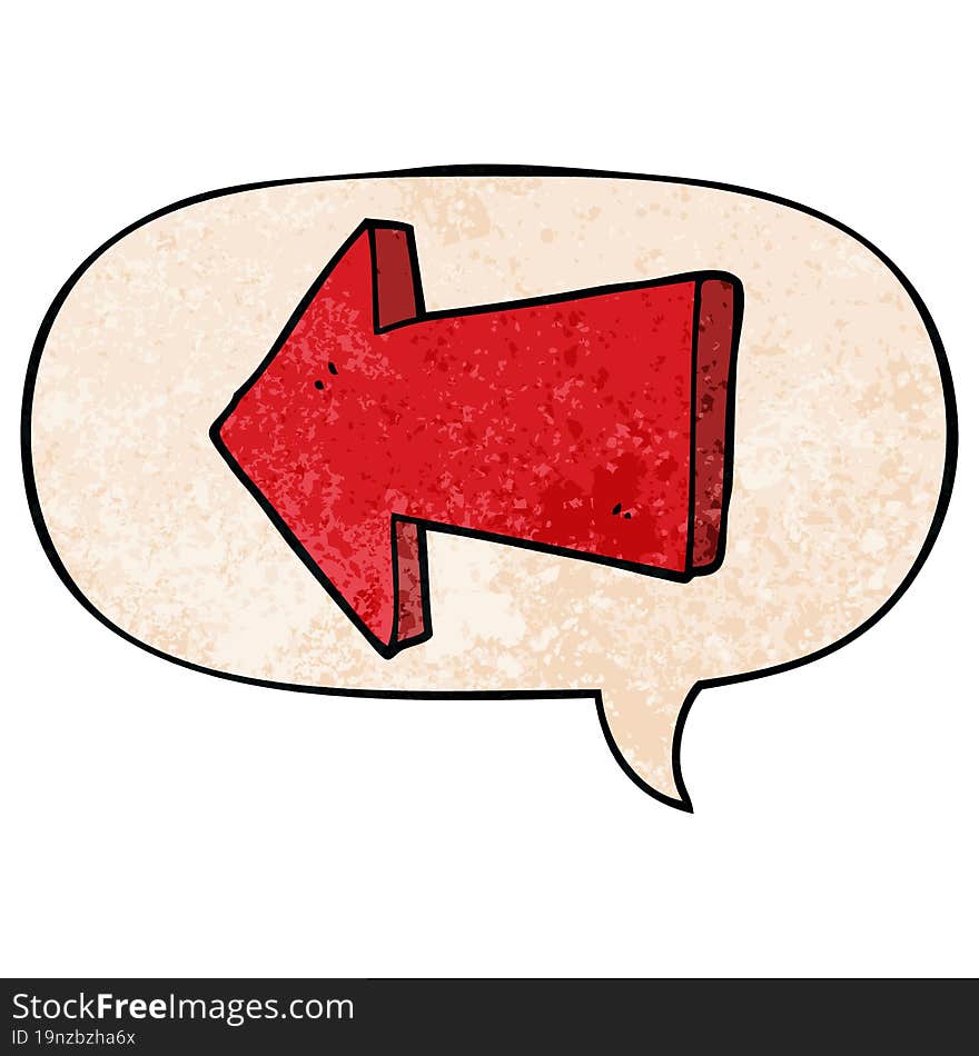 cartoon pointing arrow and speech bubble in retro texture style