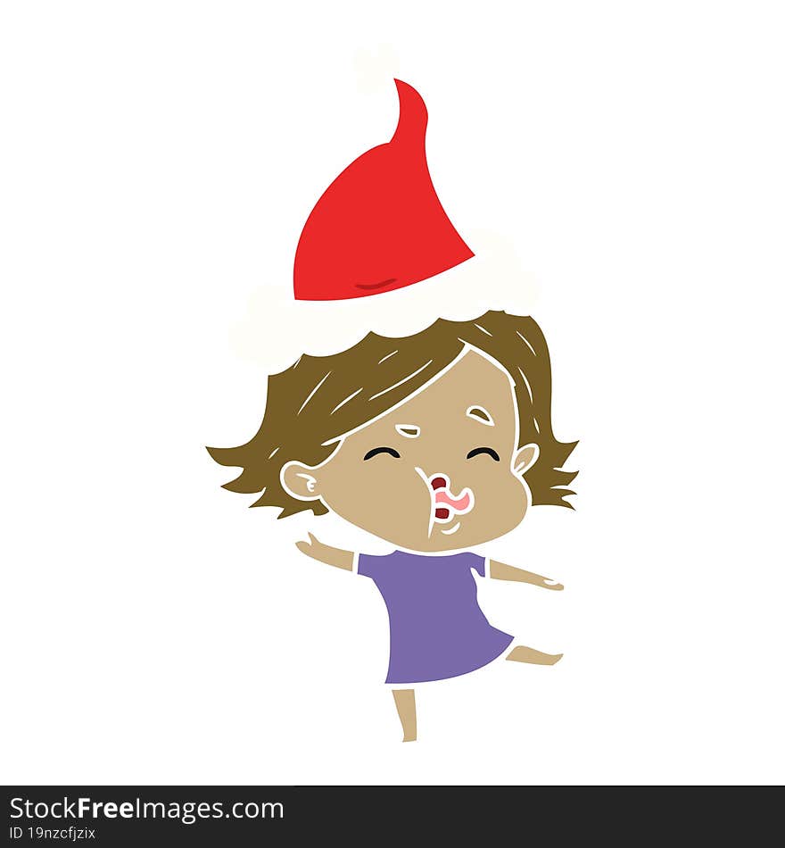 hand drawn flat color illustration of a girl pulling face wearing santa hat