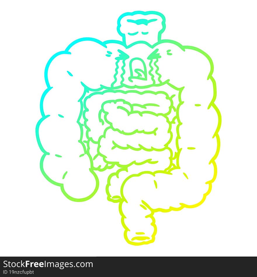 cold gradient line drawing of a cartoon intestines crying