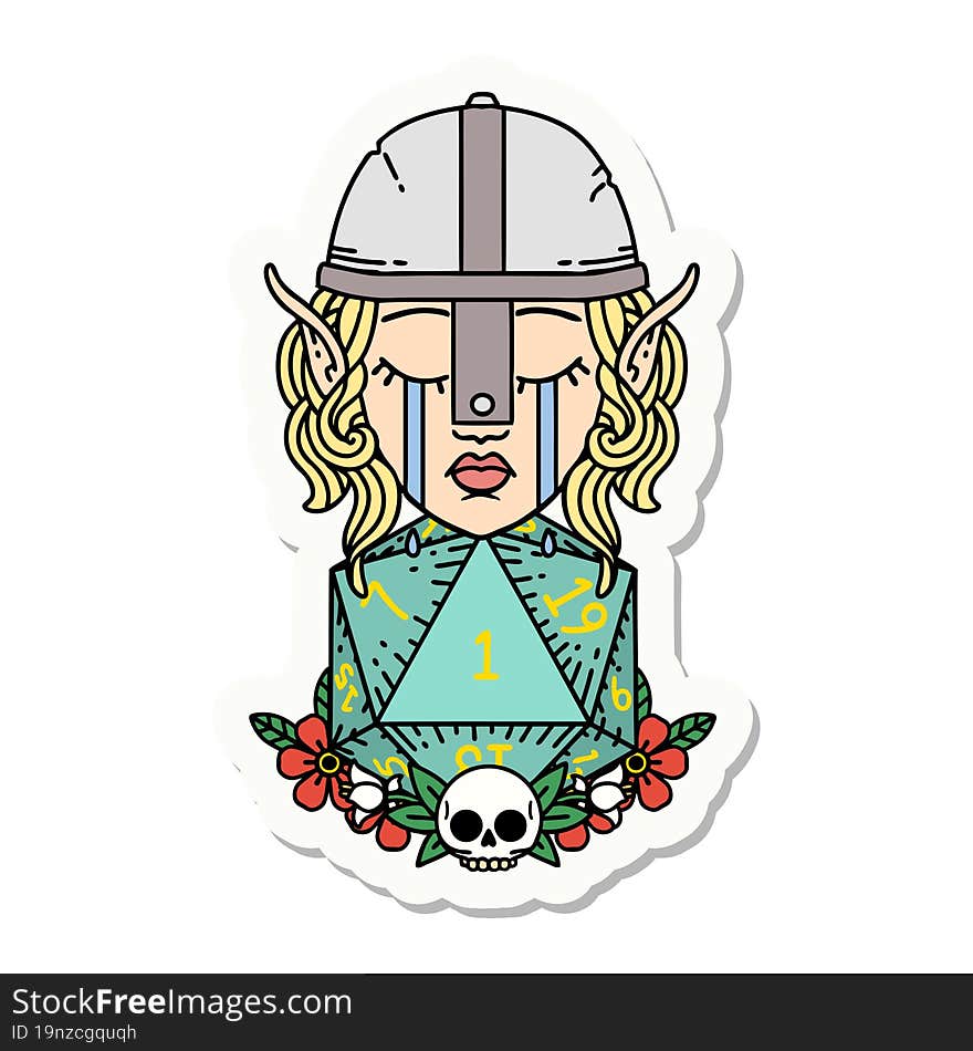 Sad Elf Fighter Character With Natural One D20 Roll Sticker