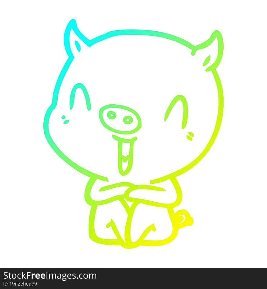 cold gradient line drawing of a happy cartoon sitting pig