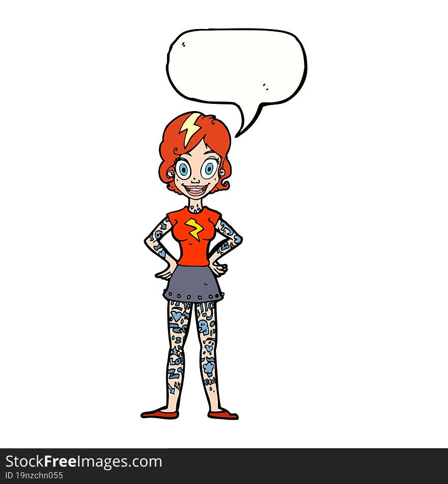 cartoon woman with heavy tattoos with speech bubble