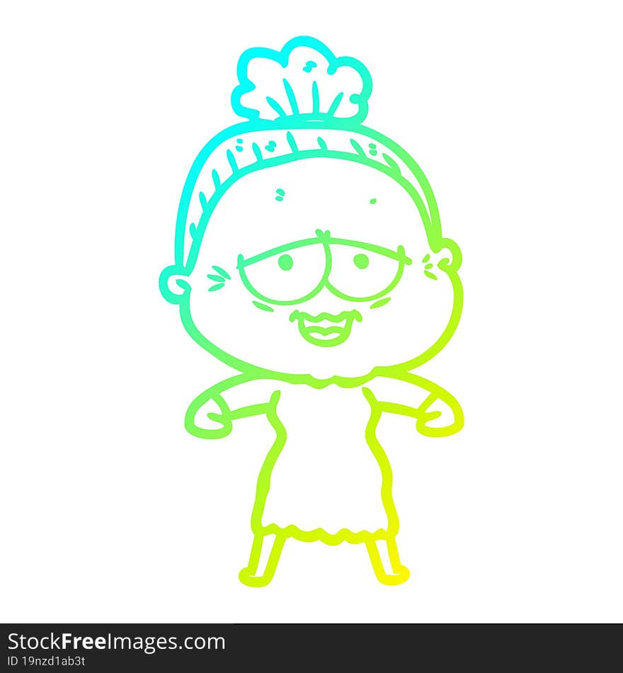 cold gradient line drawing of a cartoon happy old lady