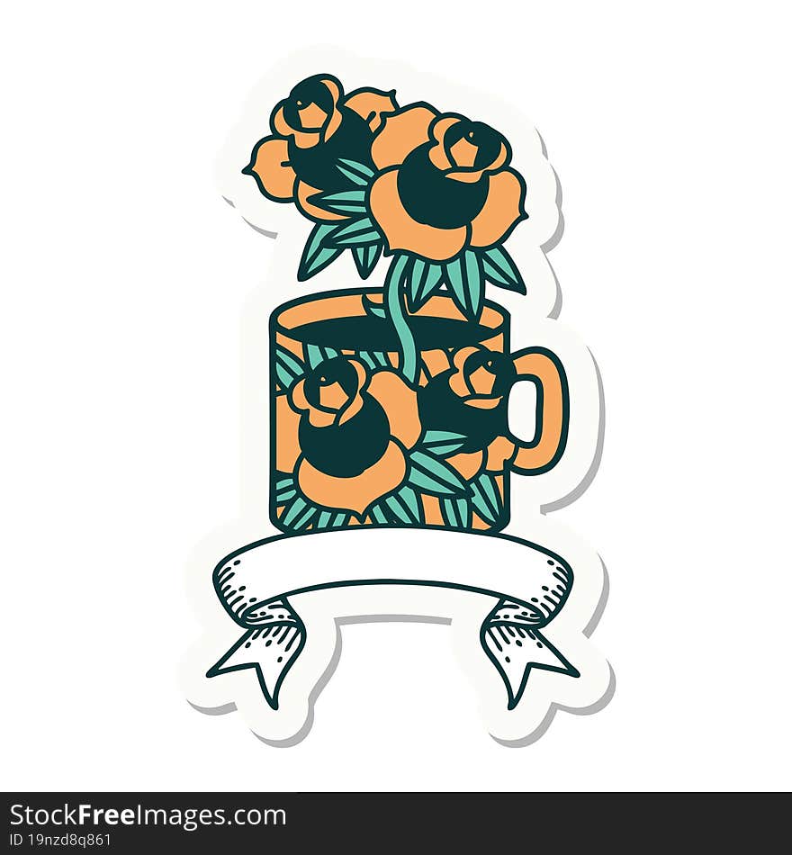 tattoo sticker with banner of a cup and flowers