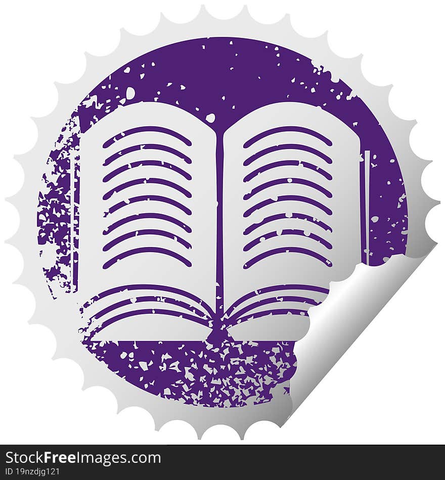 distressed circular peeling sticker symbol of a open book