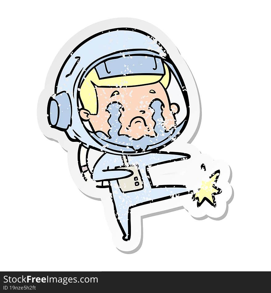 distressed sticker of a cartoon crying astronaut