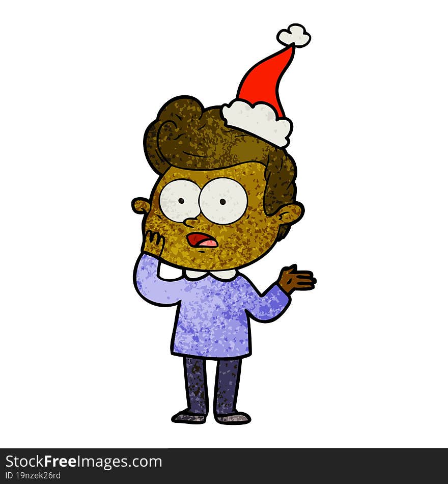 textured cartoon of a staring man wearing santa hat