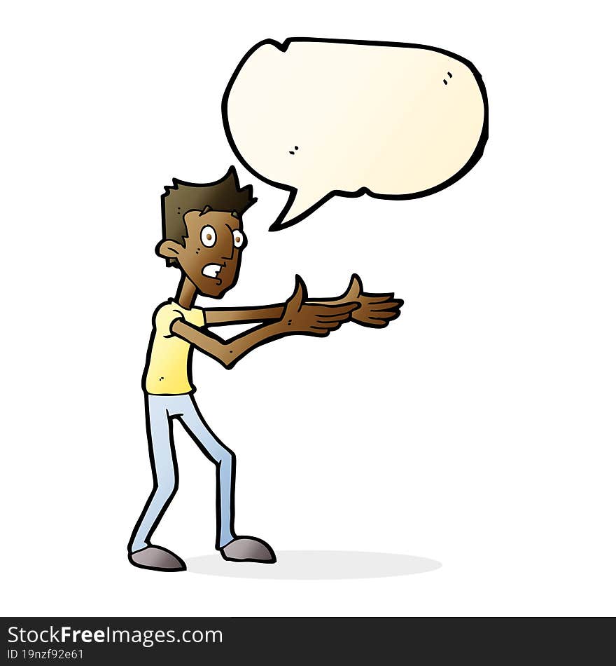 cartoon man desperately explaining with speech bubble