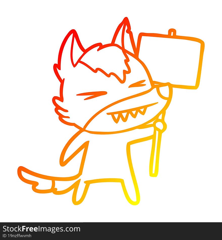 warm gradient line drawing of a angry wolf cartoon with placard